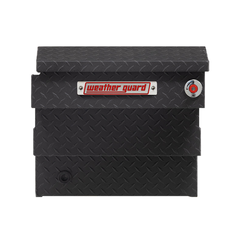 Weather Guard 137-52-04 crossover saddle box in textured matte black, side profile showing the body depth and the bed-rail notch