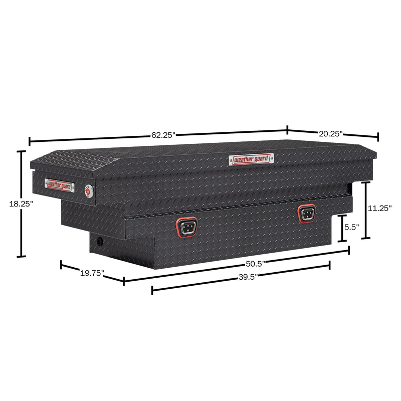 Weather Guard 137-6-04 crossover saddle box in gunmetal gray, dimensional line drawing with the overall length, width and height called out
