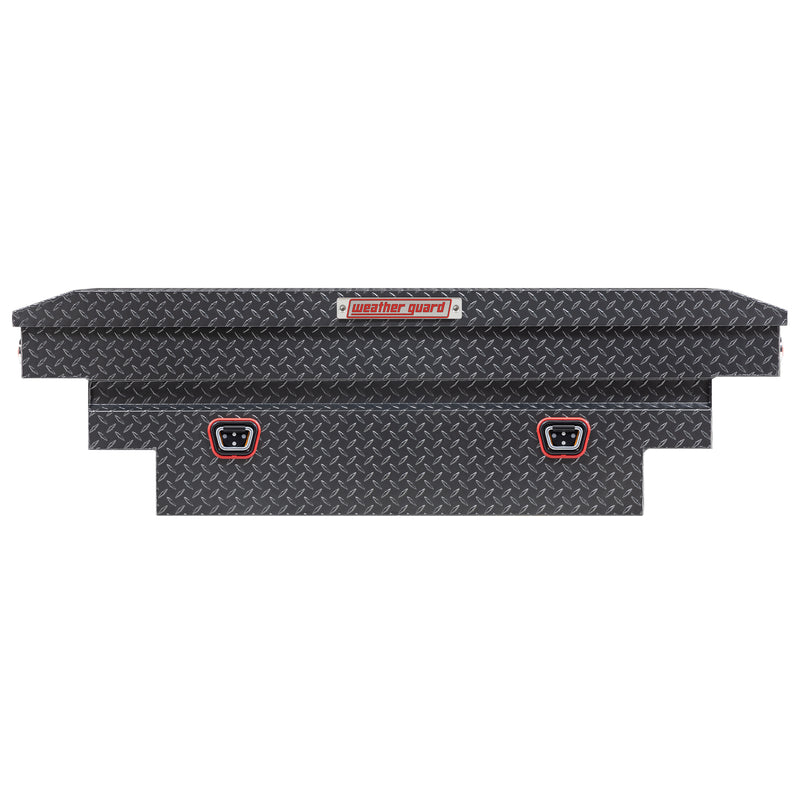 Weather Guard 137-6-04 crossover saddle box in gunmetal gray, straight-on front elevation with the lid closed