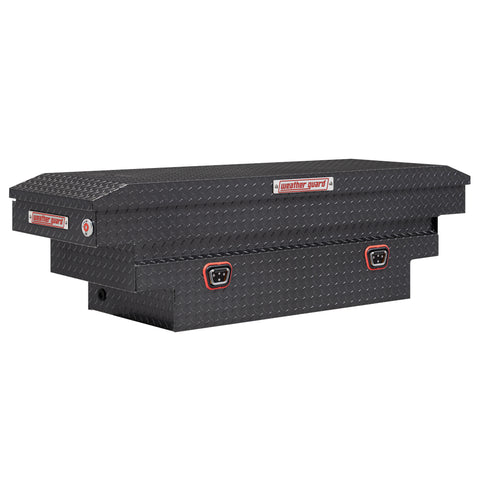 Weather Guard 137-6-04 crossover saddle box in gunmetal gray, front three-quarter studio view with the lid closed