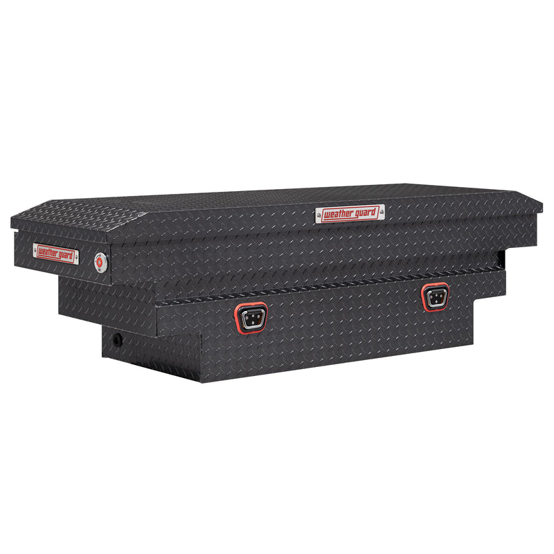Weather Guard 137-6-04 crossover saddle box in gunmetal gray, front three-quarter studio view with the lid closed