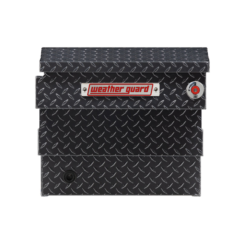 Weather Guard 137-6-04 crossover saddle box in gunmetal gray, side profile showing the body depth and the bed-rail notch