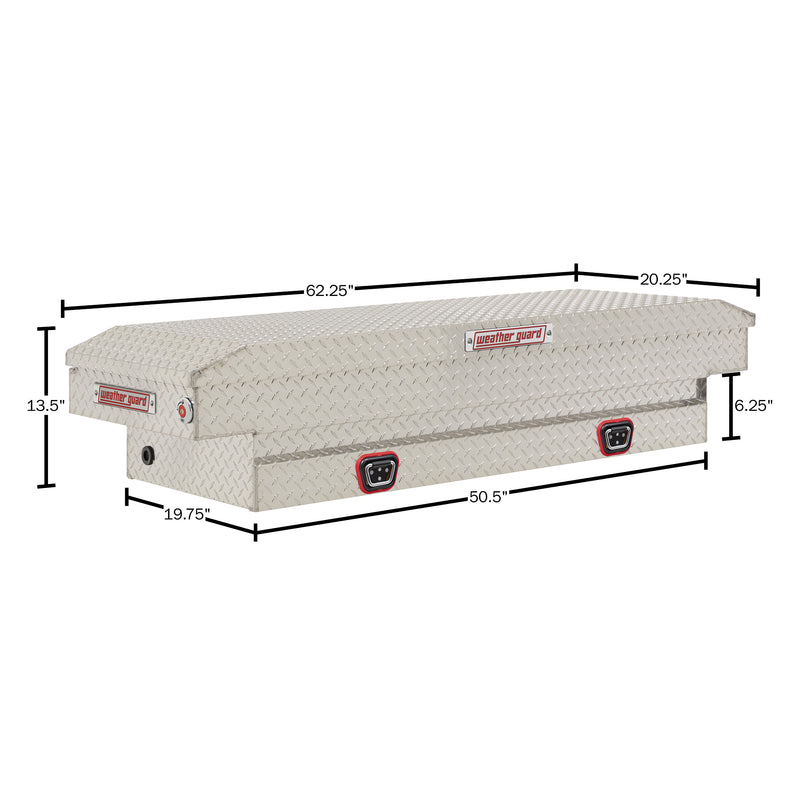 Weather Guard 154-0-04 crossover saddle box in bright aluminum diamond plate, dimensional line drawing with the overall length, width and height called out