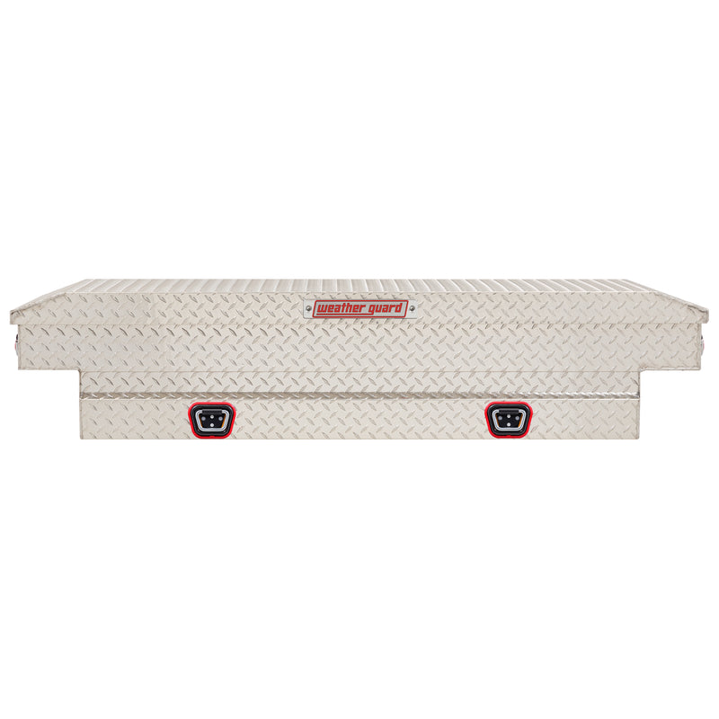 Weather Guard 154-0-04 crossover saddle box in bright aluminum diamond plate, straight-on front elevation with the lid closed