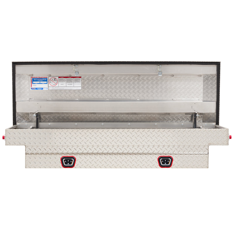 Weather Guard 154-0-04 crossover saddle box in bright aluminum diamond plate, straight-on front view with the lid open, showing the full interior