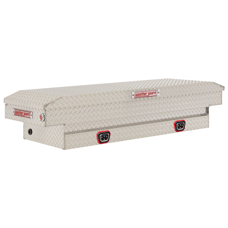 Weather Guard 154-0-04 crossover saddle box in bright aluminum diamond plate, front three-quarter studio view with the lid closed