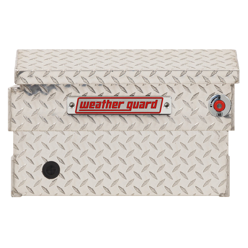 Weather Guard 154-0-04 crossover saddle box in bright aluminum diamond plate, side profile showing the body depth and the bed-rail notch