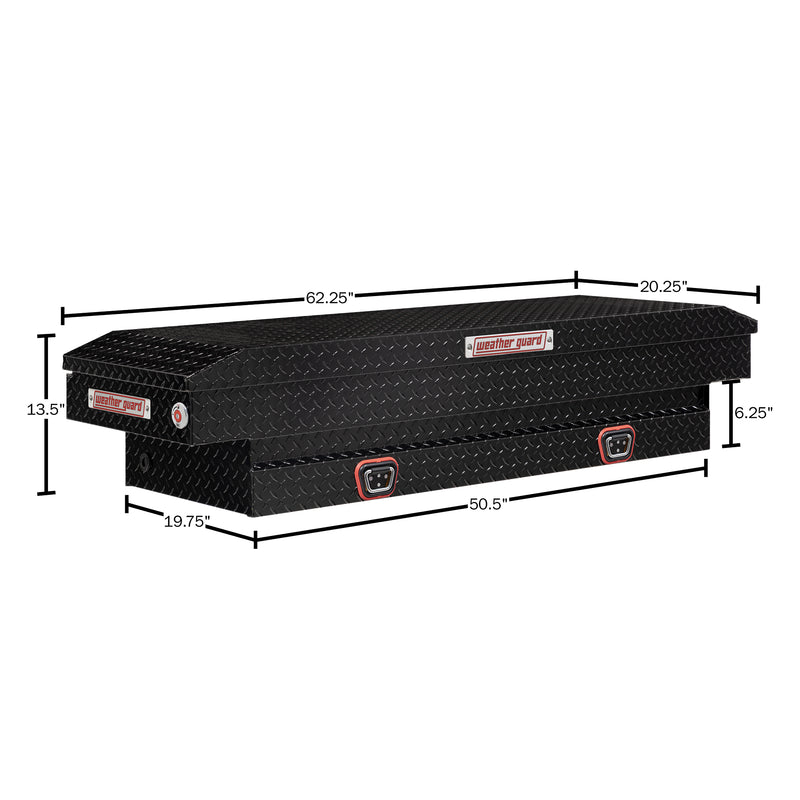 Weather Guard 154-5-04 crossover saddle box in gloss black, dimensional line drawing with the overall length, width and height called out