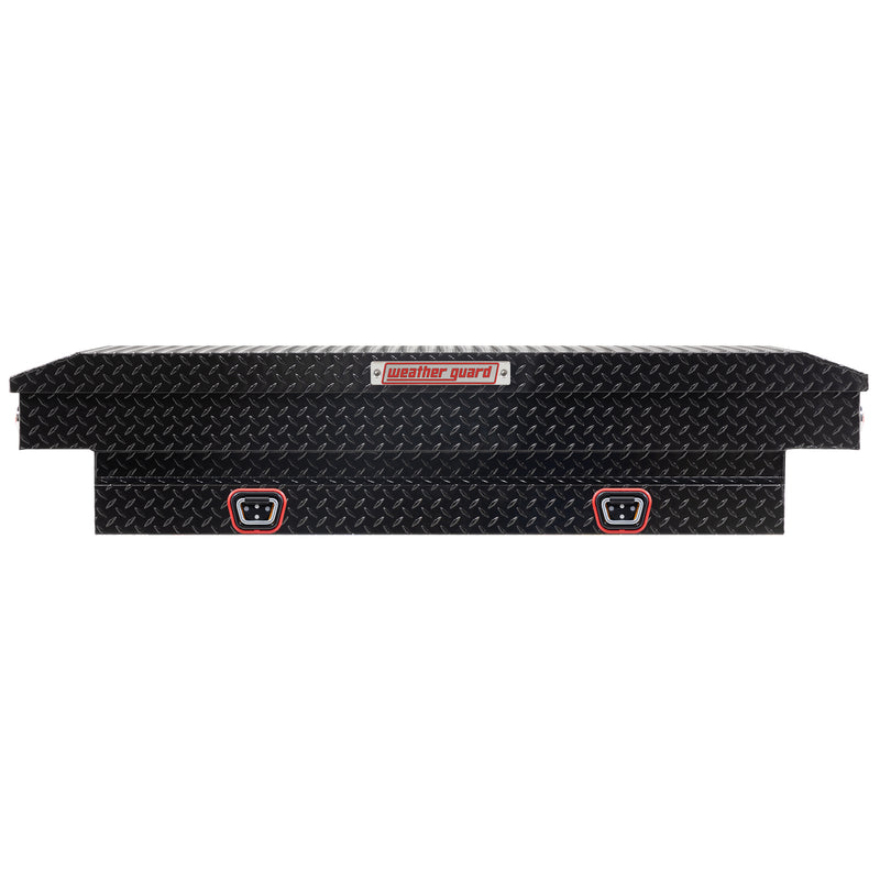 Weather Guard 154-5-04 crossover saddle box in gloss black, straight-on front elevation with the lid closed