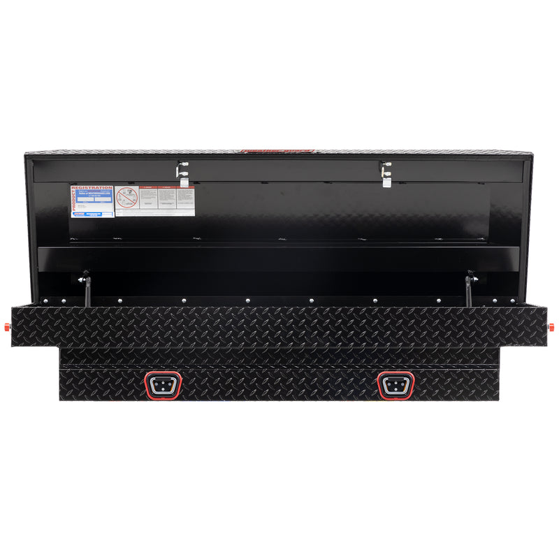 Weather Guard 154-5-04 crossover saddle box in gloss black, straight-on front view with the lid open, showing the full interior