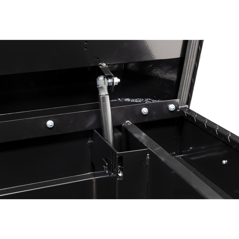 Weather Guard 154-5-04 crossover saddle box in gloss black, close-up of the gas strut holding the lid open