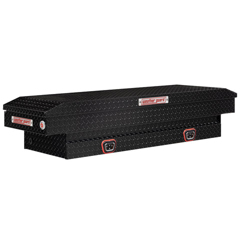 Weather Guard 154-5-04 crossover saddle box in gloss black, front three-quarter studio view with the lid closed