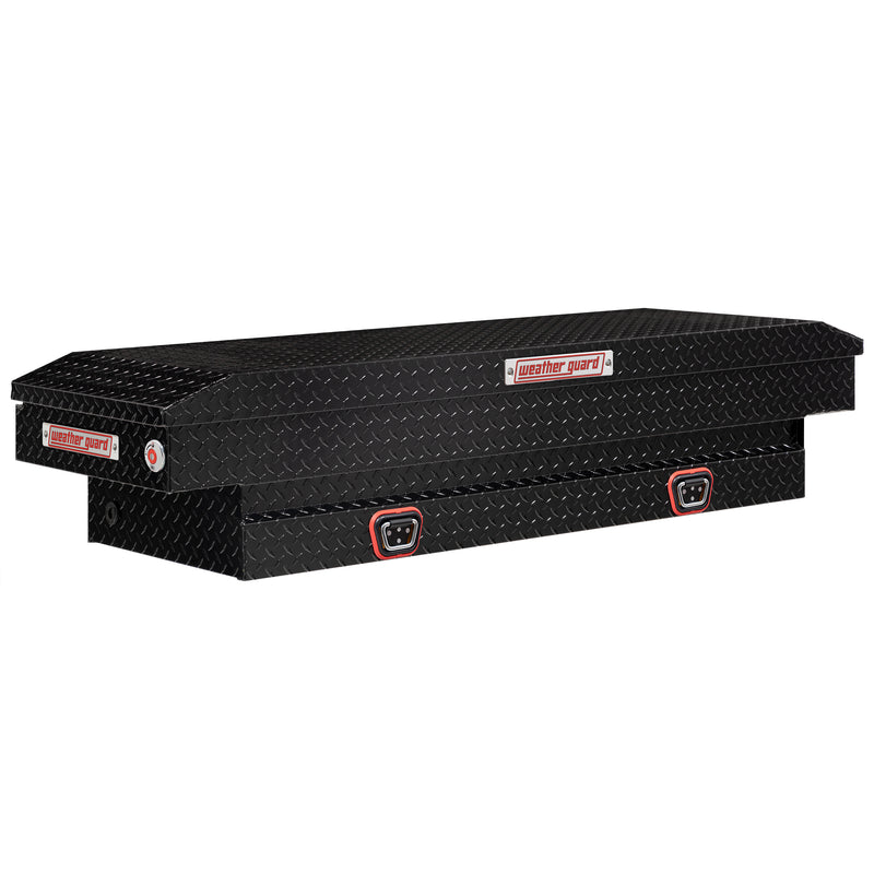 Weather Guard 154-5-04 crossover saddle box in gloss black, front three-quarter studio view with the lid closed