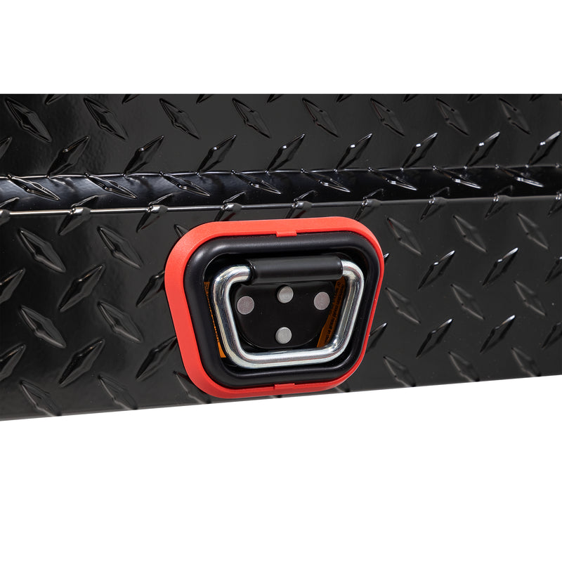 Weather Guard 154-5-04 crossover saddle box in gloss black, close-up of the reinforced tie-down buckle on the body