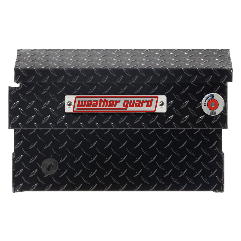 Weather Guard 154-5-04 crossover saddle box in gloss black, side profile showing the body depth and the bed-rail notch