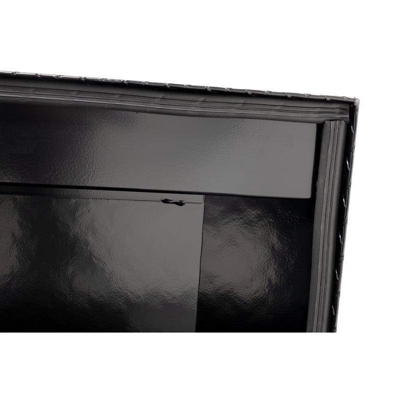 Weather Guard 154-5-04 crossover saddle box in gloss black, close-up of the D-shaped ribbed weather seal around the opening