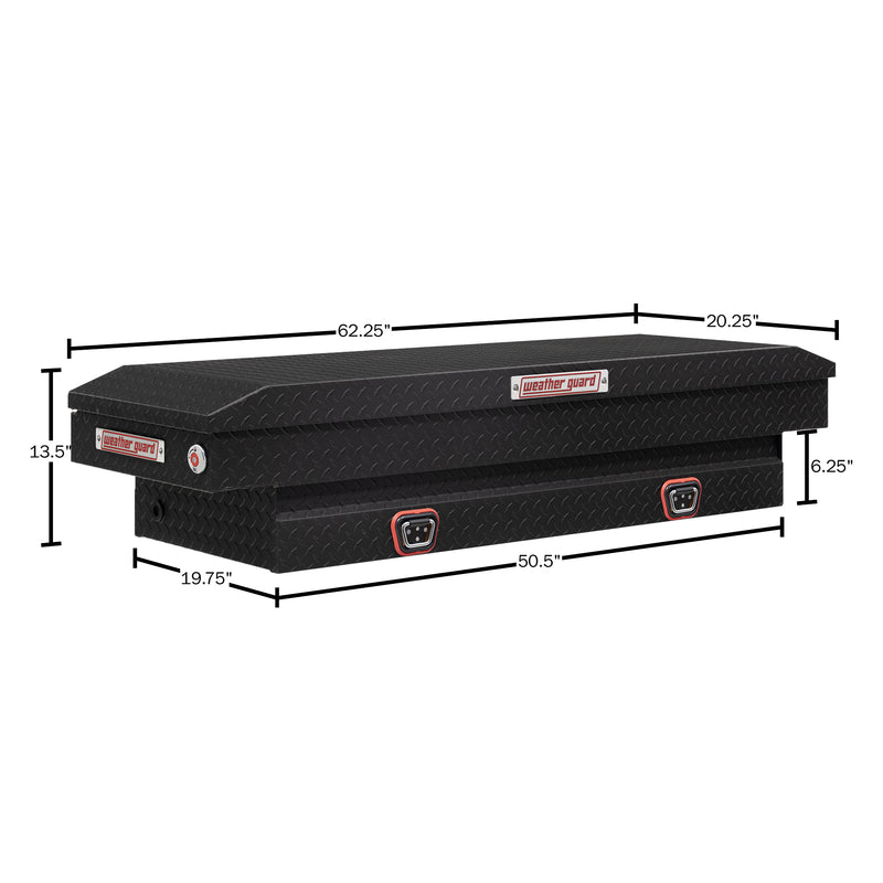 Weather Guard 154-52-04 crossover saddle box in textured matte black, dimensional line drawing with the overall length, width and height called out