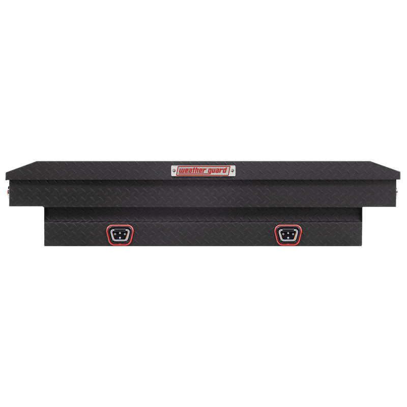 Weather Guard 154-52-04 crossover saddle box in textured matte black, straight-on front elevation with the lid closed