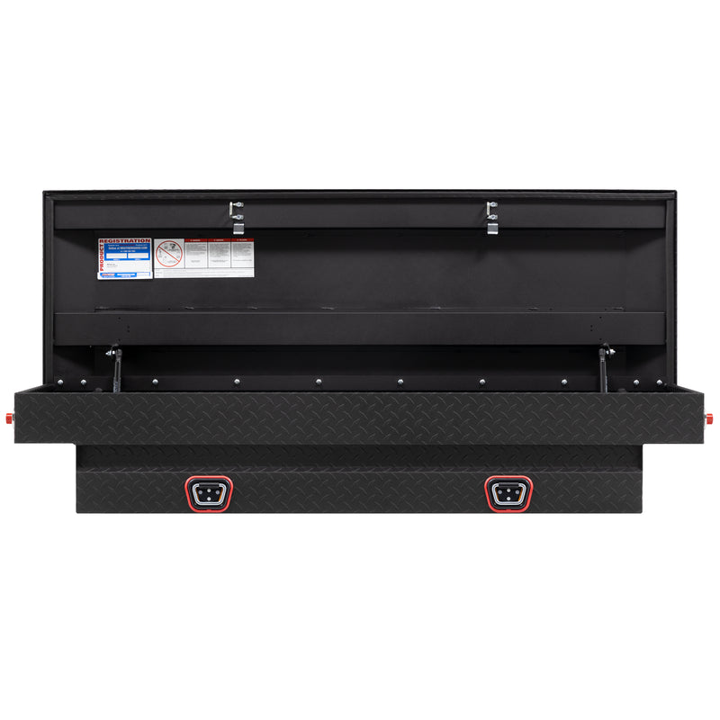 Weather Guard 154-52-04 crossover saddle box in textured matte black, straight-on front view with the lid open, showing the full interior