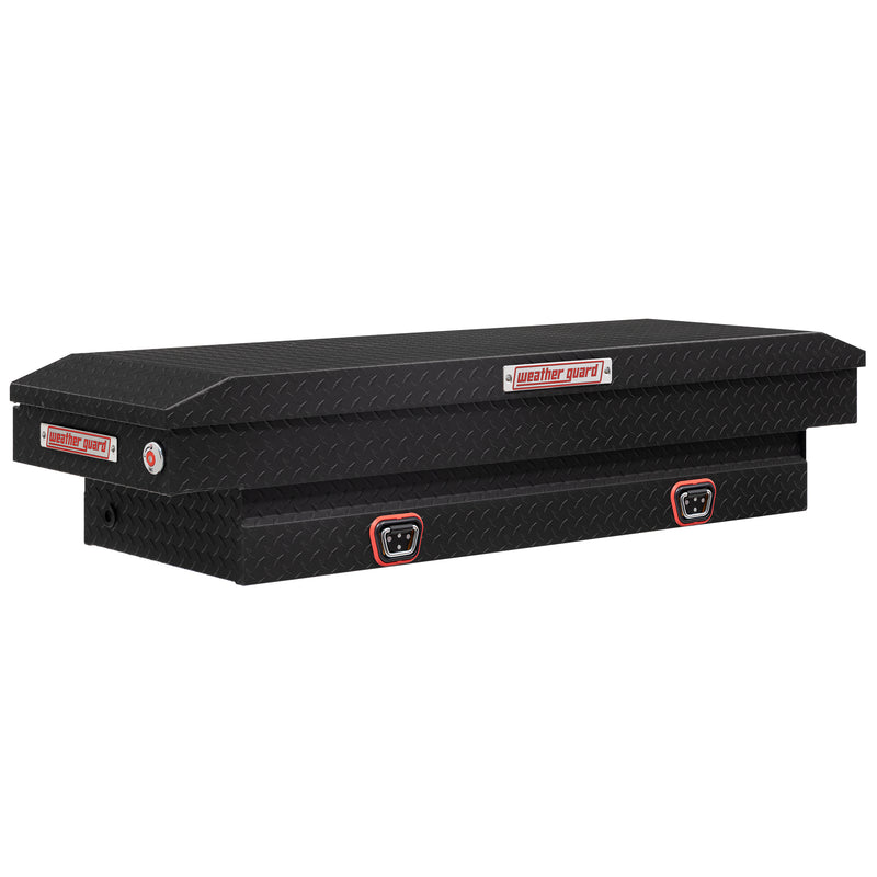 Weather Guard 154-52-04 crossover saddle box in textured matte black, front three-quarter studio view with the lid closed