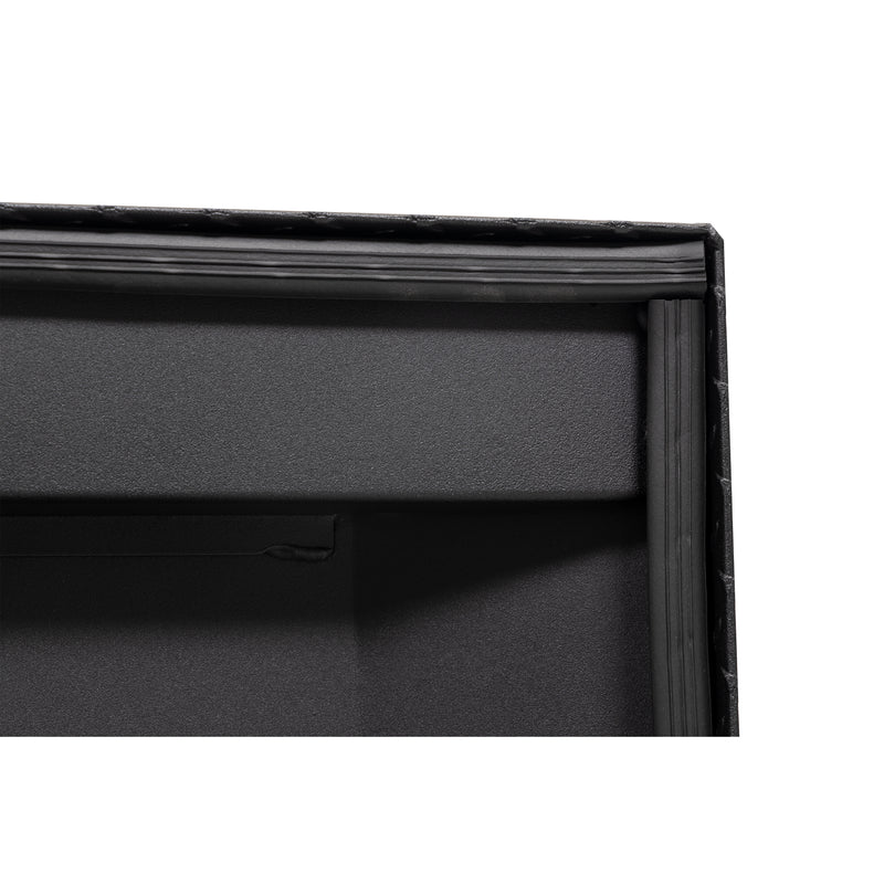Weather Guard 154-52-04 crossover saddle box in textured matte black, close-up of the D-shaped ribbed weather seal around the opening