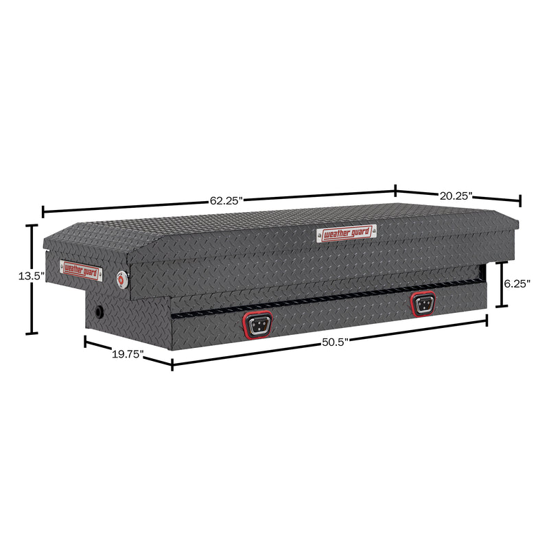 Weather Guard 154-6-04 crossover saddle box in gunmetal gray, dimensional line drawing with the overall length, width and height called out
