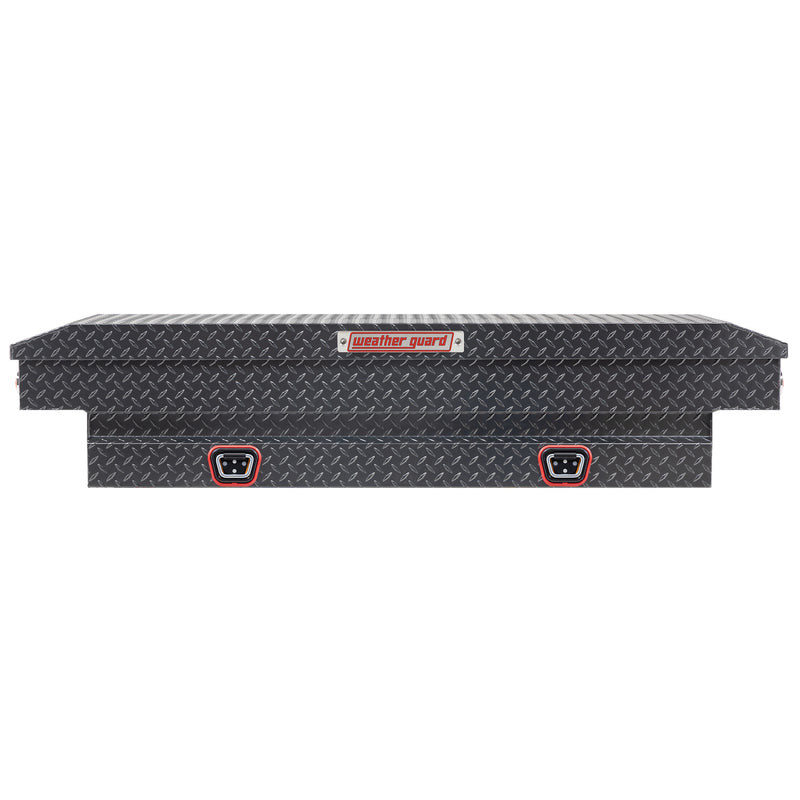 Weather Guard 154-6-04 crossover saddle box in gunmetal gray, straight-on front elevation with the lid closed