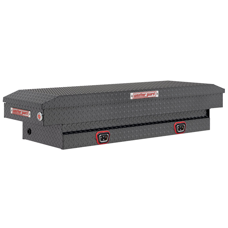 Weather Guard 154-6-04 crossover saddle box in gunmetal gray, front three-quarter studio view with the lid closed