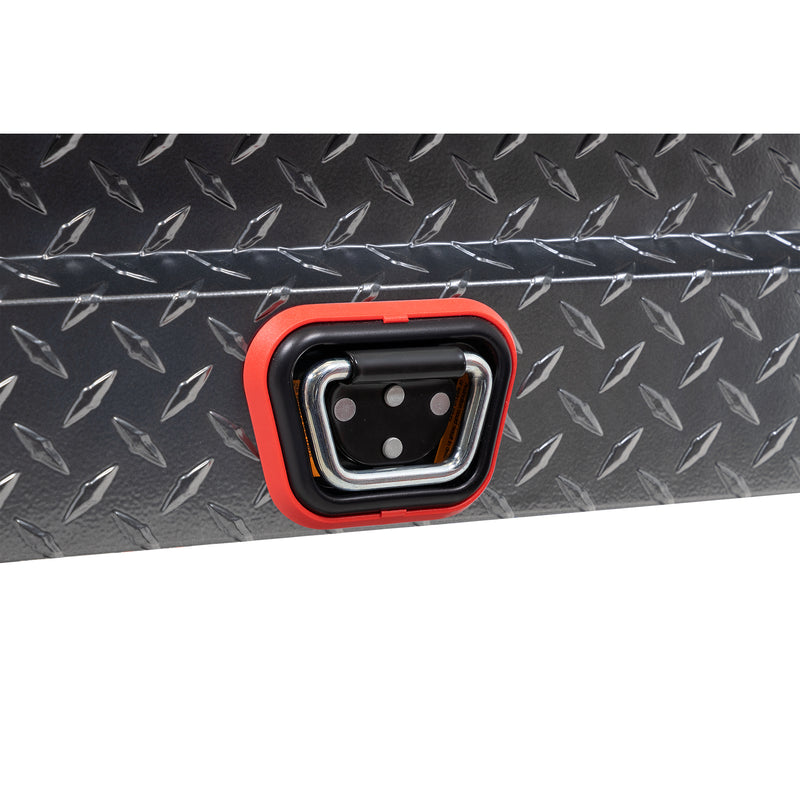 Weather Guard 154-6-04 crossover saddle box in gunmetal gray, close-up of the reinforced tie-down buckle on the body