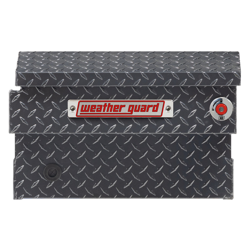Weather Guard 154-6-04 crossover saddle box in gunmetal gray, side profile showing the body depth and the bed-rail notch