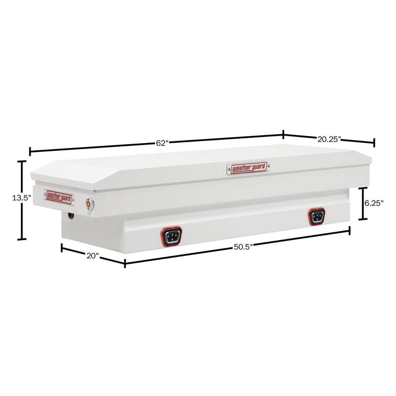 Weather Guard 156-3-04 crossover saddle box in brite white, dimensional line drawing with the overall length, width and height called out