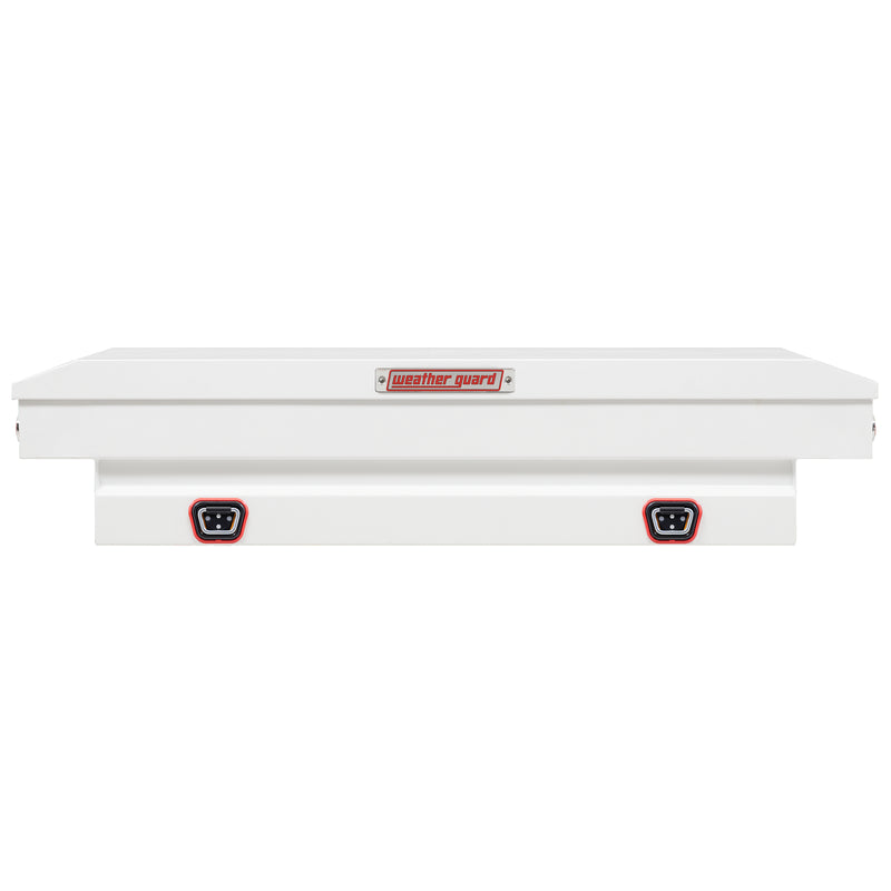 Weather Guard 156-3-04 crossover saddle box in brite white, straight-on front elevation with the lid closed