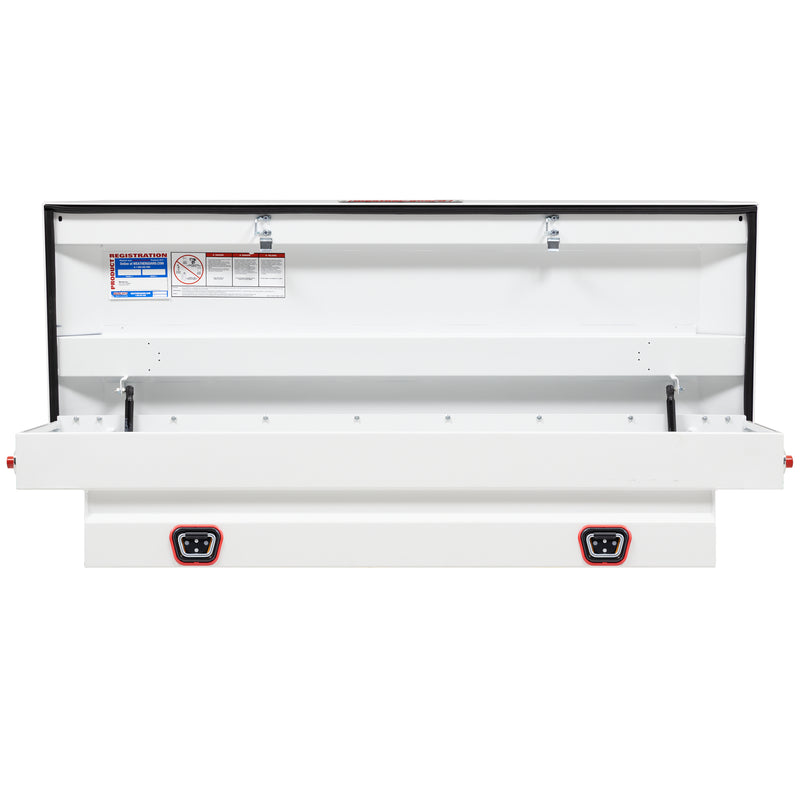 Weather Guard 156-3-04 crossover saddle box in brite white, straight-on front view with the lid open, showing the full interior