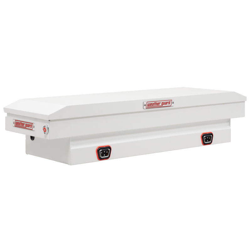 Weather Guard 156-3-04 crossover saddle box in brite white, front three-quarter studio view with the lid closed