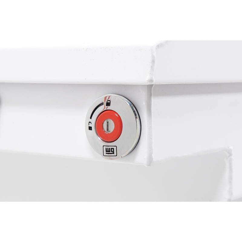 Weather Guard 156-3-04 crossover saddle box in brite white, close-up of the red push-button lock and Weather Guard badge