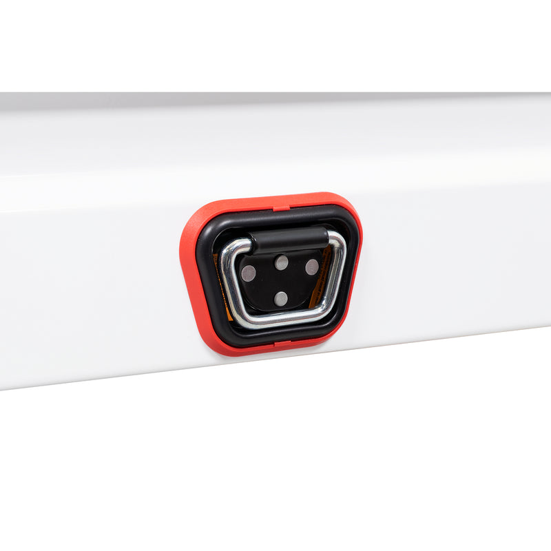 Weather Guard 156-3-04 crossover saddle box in brite white, close-up of the reinforced tie-down buckle on the body