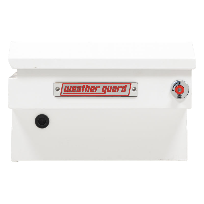Weather Guard 156-3-04 crossover saddle box in brite white, side profile showing the body depth and the bed-rail notch