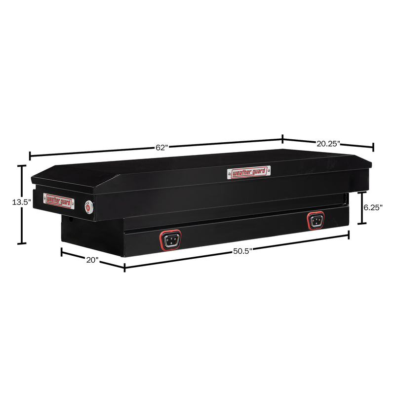 Weather Guard 156-5-04 crossover saddle box in gloss black, dimensional line drawing with the overall length, width and height called out