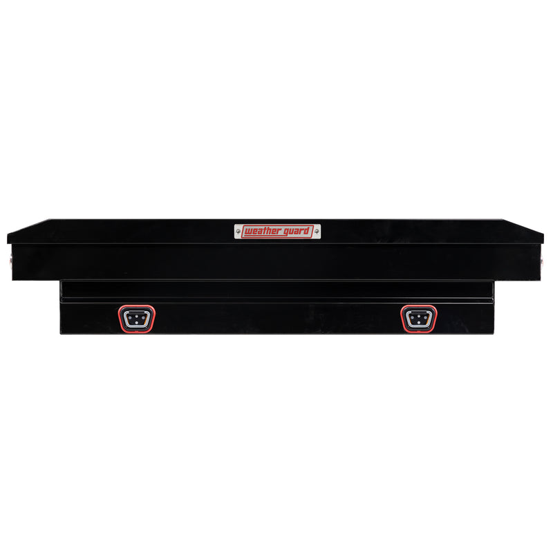 Weather Guard 156-5-04 crossover saddle box in gloss black, straight-on front elevation with the lid closed