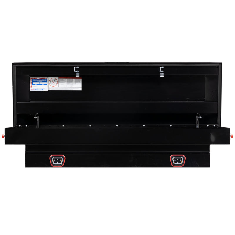 Weather Guard 156-5-04 crossover saddle box in gloss black, straight-on front view with the lid open, showing the full interior