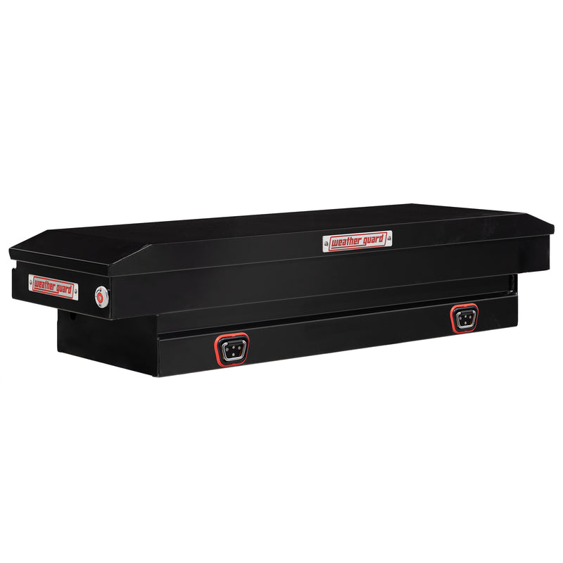 Weather Guard 156-5-04 crossover saddle box in gloss black, front three-quarter studio view with the lid closed