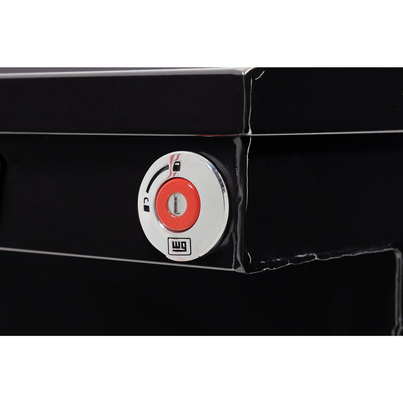 Weather Guard 156-5-04 crossover saddle box in gloss black, close-up of the red push-button lock and Weather Guard badge