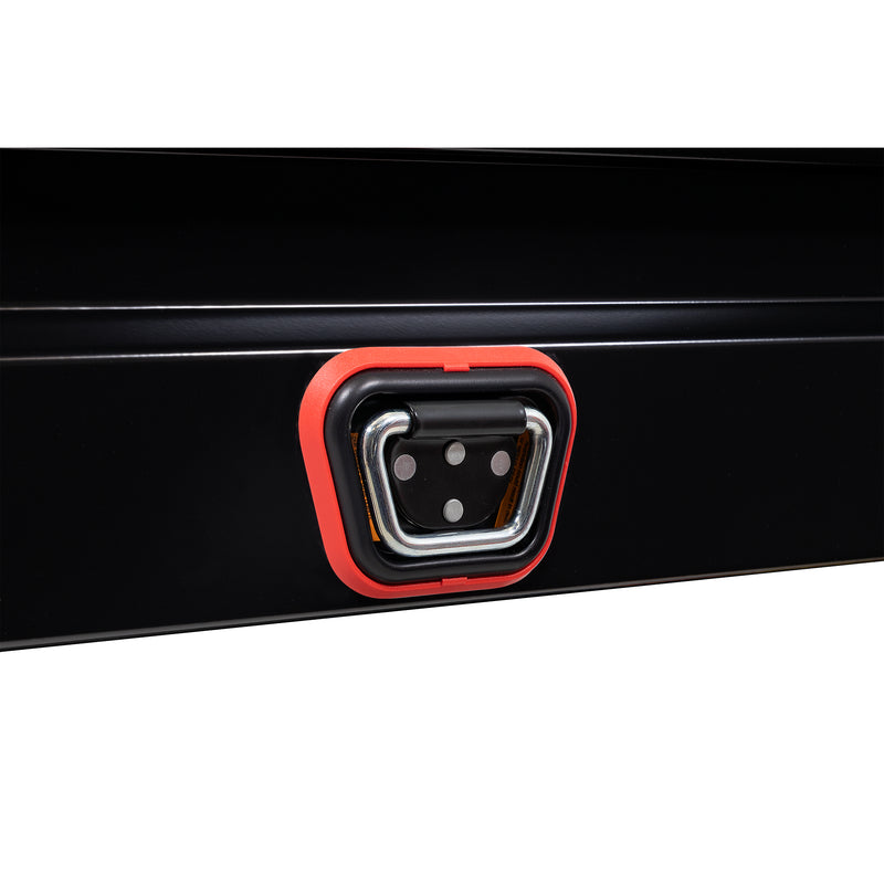 Weather Guard 156-5-04 crossover saddle box in gloss black, close-up of the reinforced tie-down buckle on the body