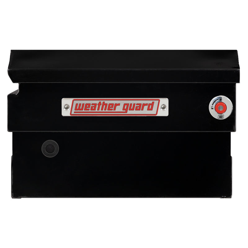 Weather Guard 156-5-04 crossover saddle box in gloss black, side profile showing the body depth and the bed-rail notch