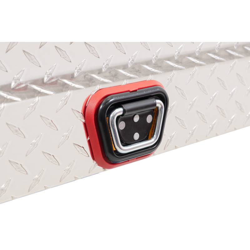Close-up of the recessed red-bezel 1Key UltraLock push-button latch on the bright aluminum diamond-plate Weather Guard 164-0-04 Lo-Side box