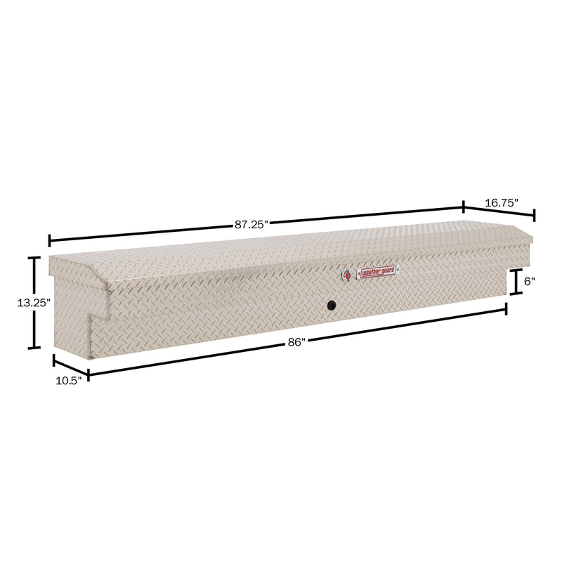 Weather Guard 164-0-04 Lo-Side box in bright aluminum diamond plate, dimensional line drawing with the overall length, width and height called out
