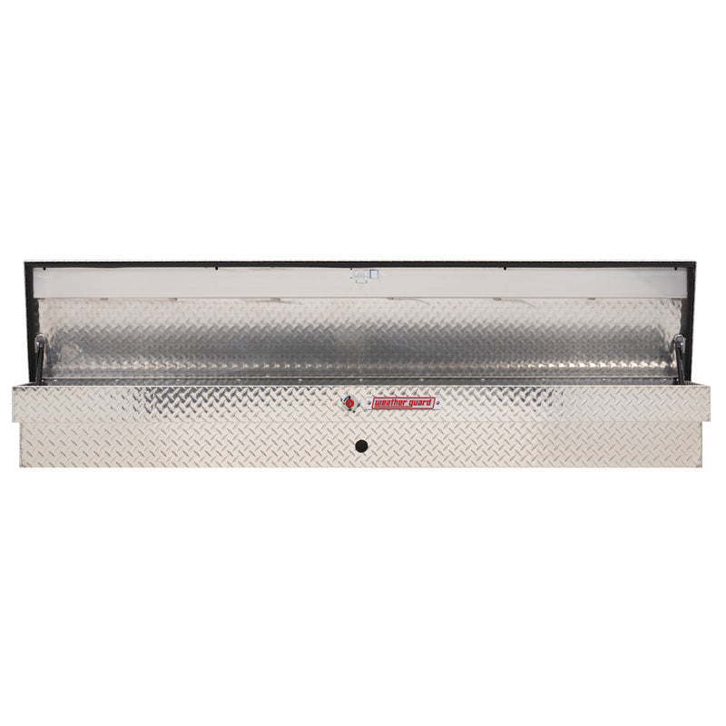 Weather Guard 164-0-04 Lo-Side box in bright aluminum diamond plate, straight-on front view with the lid open, showing the full interior