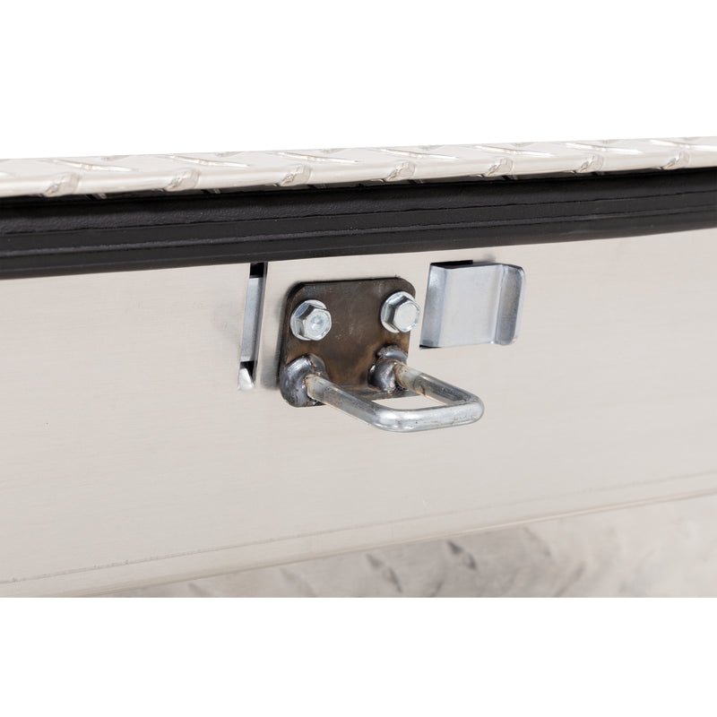 Weather Guard 164-0-04 Lo-Side box in bright aluminum diamond plate, close-up of the latch and striker along the lid opening