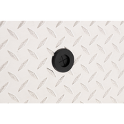 Close-up of the black rubber drain plug set into the bright aluminum diamond-plate floor of the Weather Guard 164-0-04 Lo-Side box