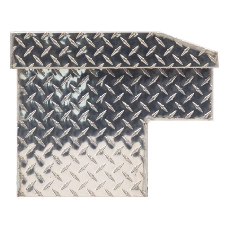 End profile of the Weather Guard 164-0-04 Lo-Side box showing the stepped low-side shape in bright aluminum diamond plate that sits over the bed rail